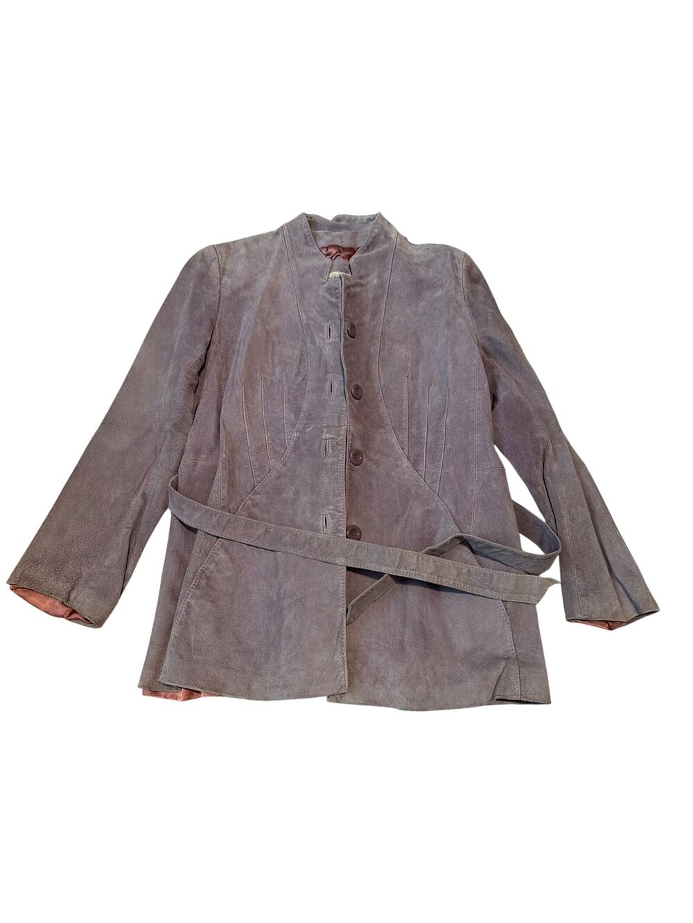 Vintage Suede Leather Jacket Belted Midi Trench Coat Purple 100% Satin Lining